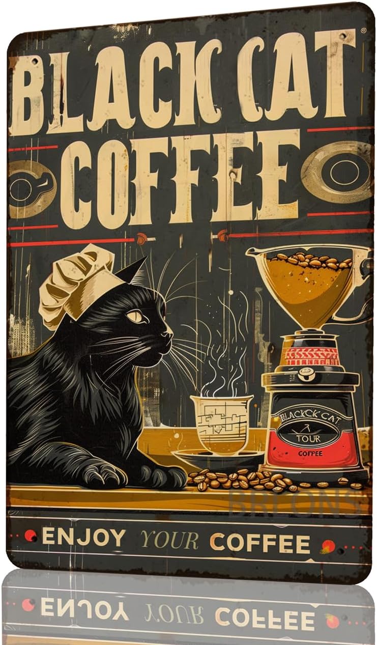 Home Bar And Coffee - Papan Tanda Logam Black Cat Coffee